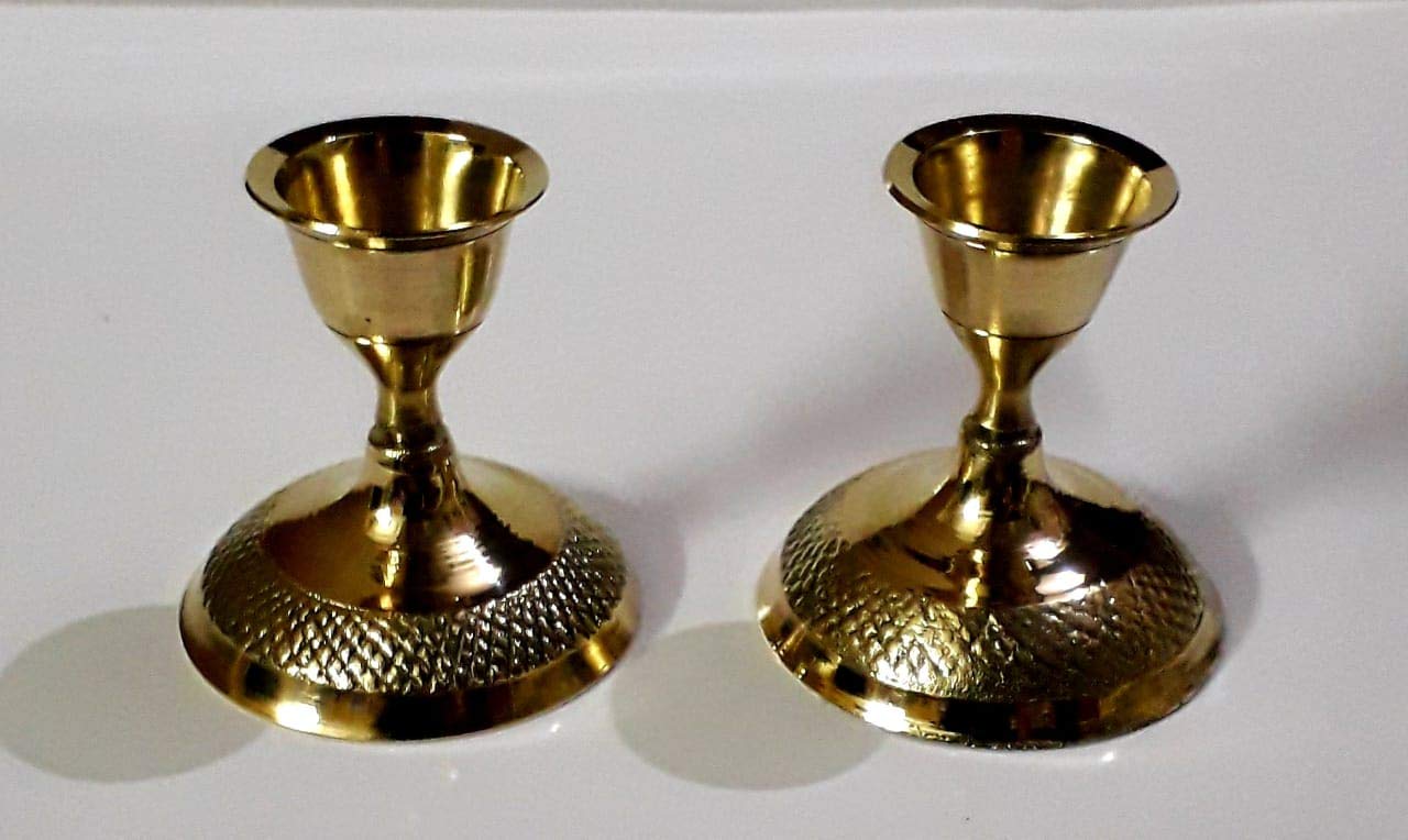 S.S TRADERS Small Size Yellow Brass Candle Stand Candle Holder with Embossed Design on Base Home Decoration and Birth Day Party/Home Decoration/Set of 2 pcs