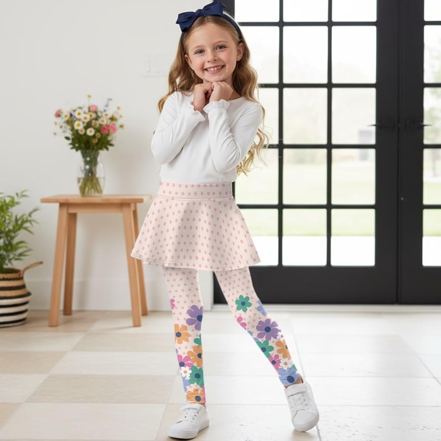 Girls School Uniform Pants with Skirt Girls Athletic Leggings Elastic Kids Leggings Tennis Pants Size 5-14