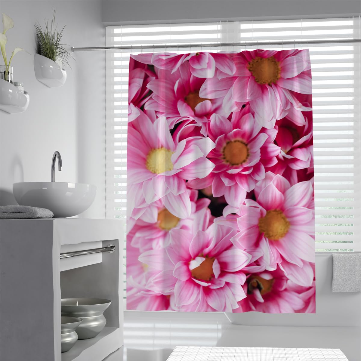 UIRINGART Pink Chrysanthemum Shower Curtain W200xL220cm Fresh Gerbera Daisy Floral Pattern Waterproof Quick Dry Bathtub Screen with Hooks