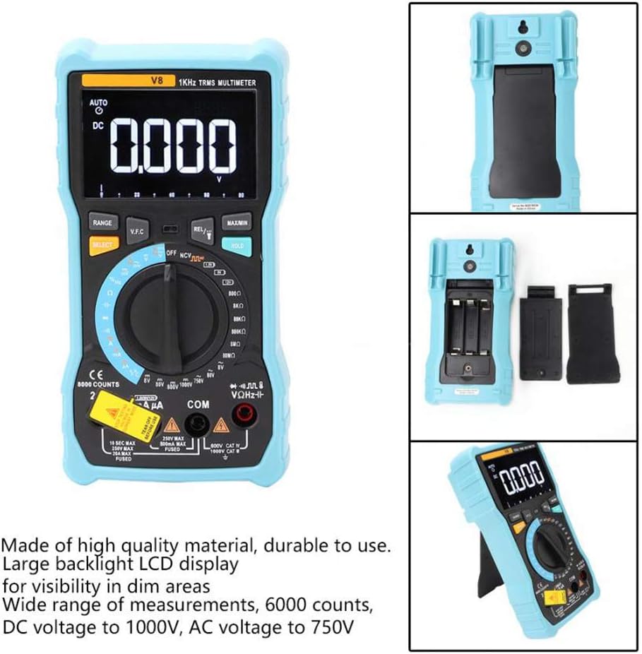 Back of the ANENG V8 Digital Multimeter showing the open battery compartment, ready for battery installation.
