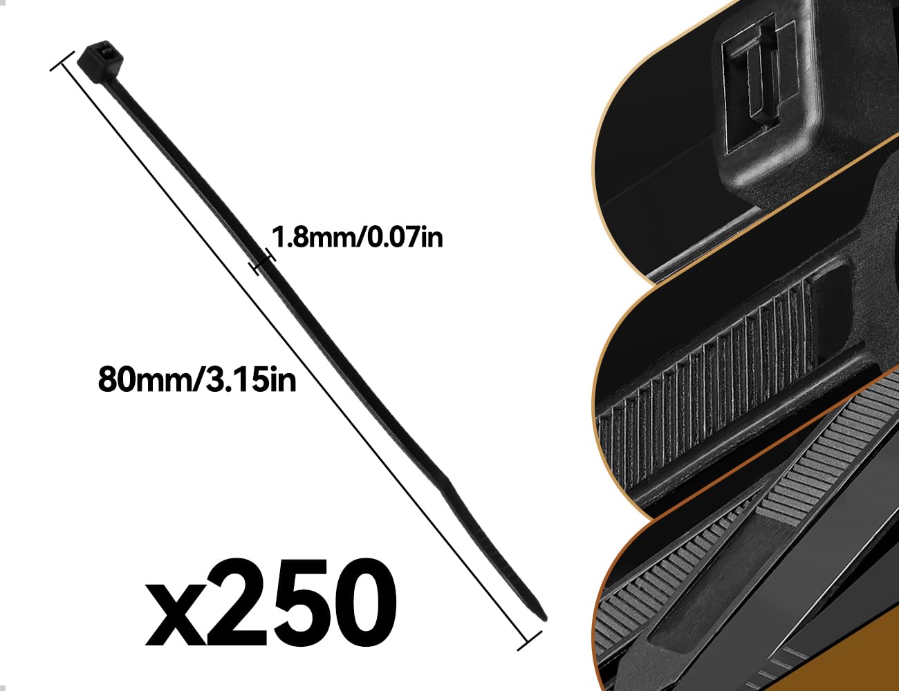 250 sztuk opasek kablowych, samoblokujących, trwałych, nylonowych, małych opasek kablowych, do prac ogrodowych, na zewnątrz, do domu, biura, urządzeń elektronicznych (1,8 x 80 mm, czarne)