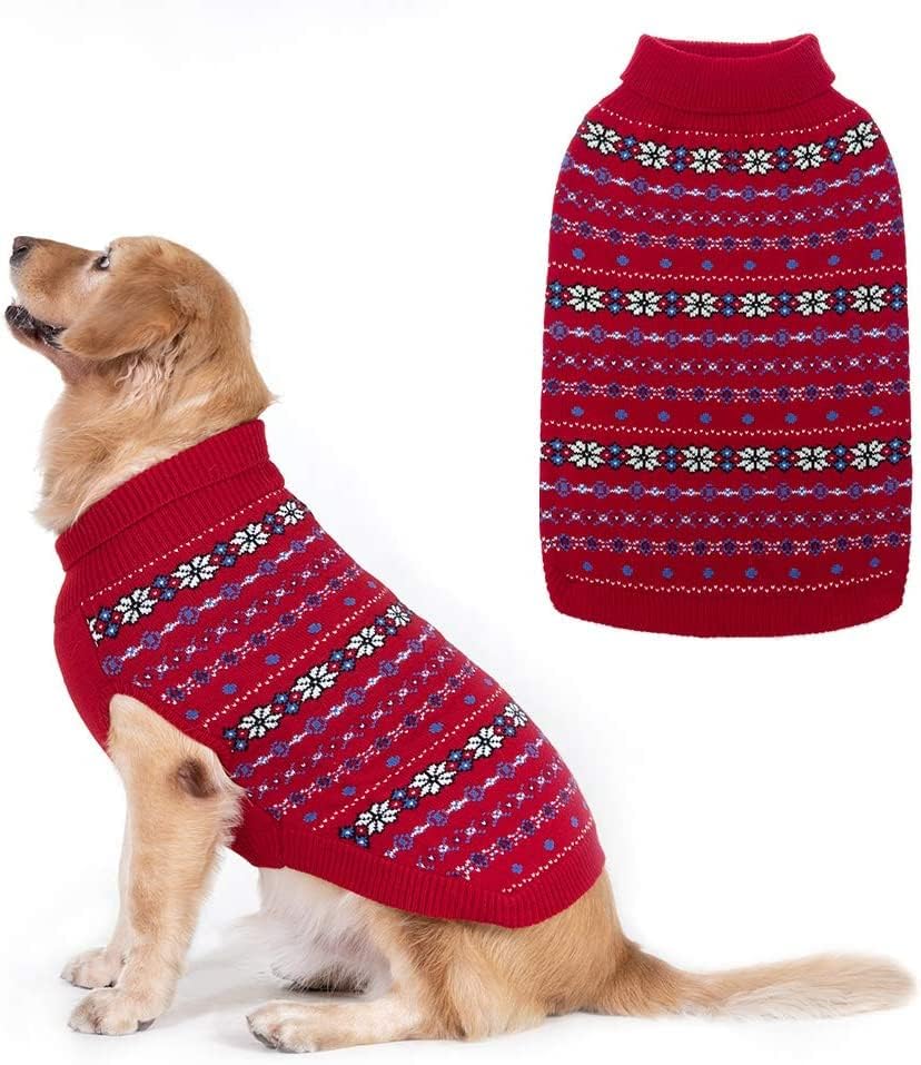 Image of BINGPET Dog Sweater for Large Medium Dogs,Warm Knit Clothes with Leash Hole | Turtleneck Winter Classic Snowflake Pet Knitwear, Thick Cold Weather Fall Winter Soft Ugly Coat for Girls Boys Puppy, Red ML