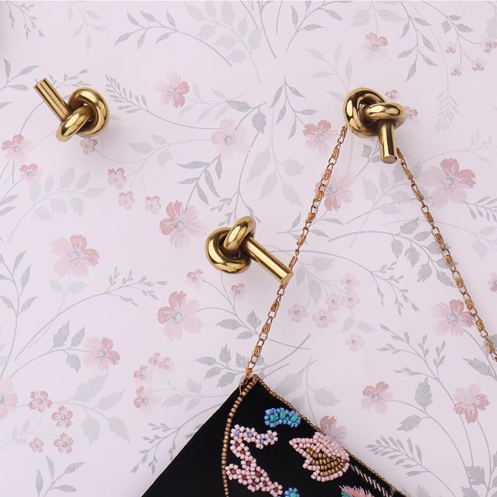 Indian Shelf 33Lb. 3 Brass Gold Decorative Knot Wall Hooks Nursery Kids Coat Rack Wall Mount Vintage Coat Hooks for Hanging Coats, Tie, Towels, Bags, Purse & More