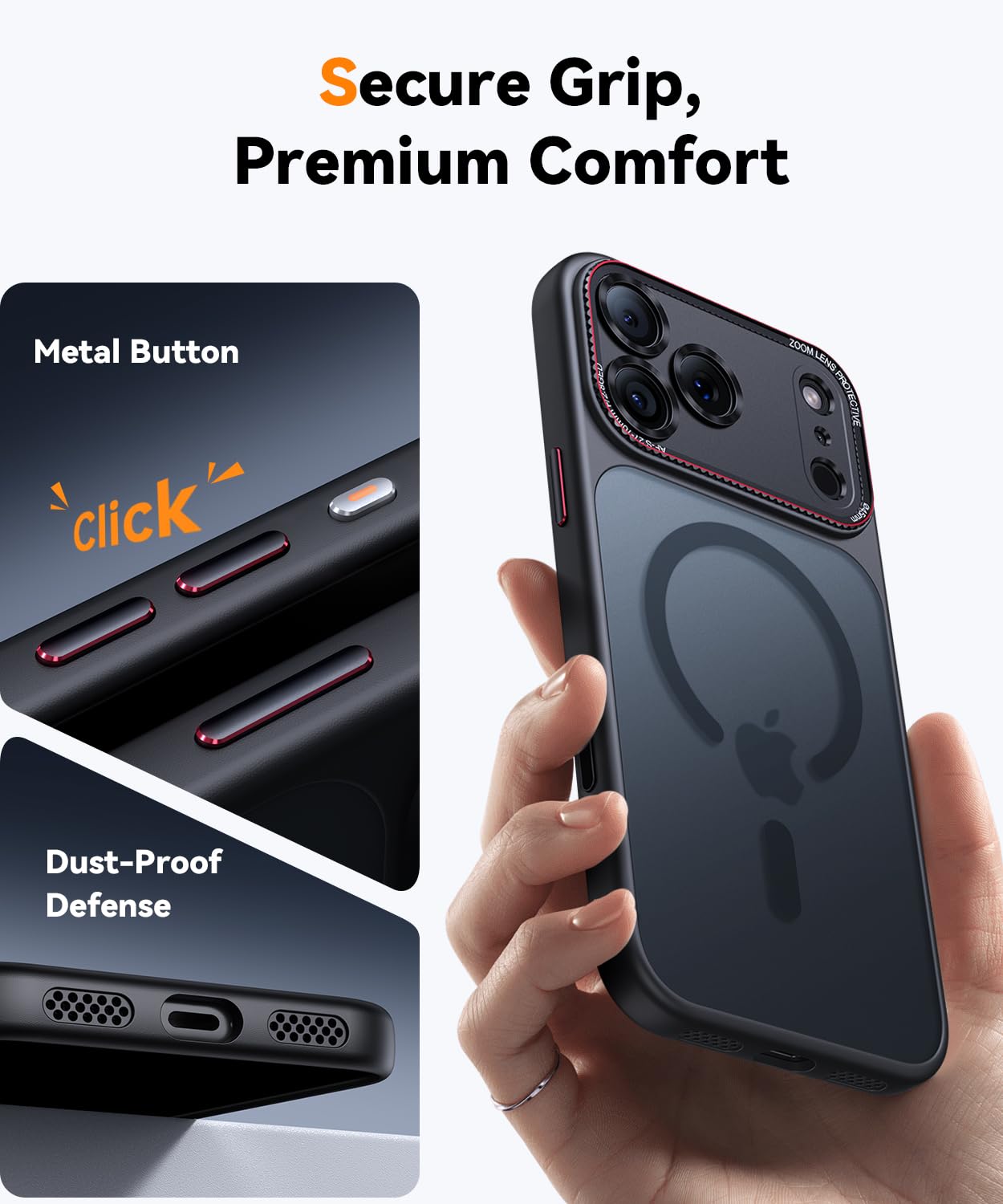 JUESHITUO Cover per iPhone 17 Pro Max Compatibile con MagSafe, [Protezione Lente e Pulsante della Fotocamera][Antigraffio, Antipolvere, Antiurto], Custodia Protettiva Traslucido Opaco - Nero