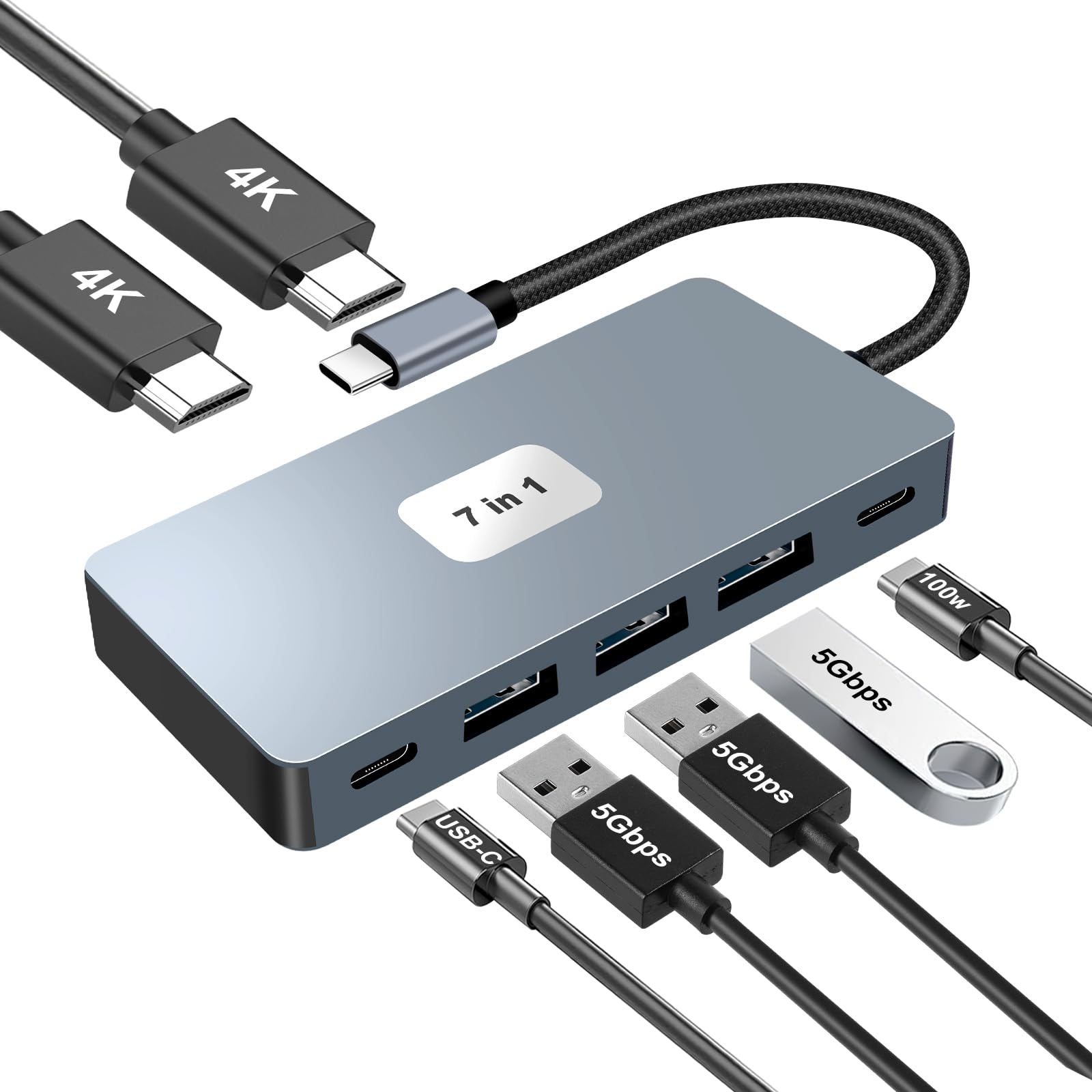 Docking Station USB C 2*Display -7 en 1, Hub USB C con 2*HDMI 4K, 3*USB 5Gbps,USB-C 2.0,PD 100W, Adaptador Docking Station para PC/MacBook/Surface/DELL/HP/Steam Deck/iPhone/Samsung