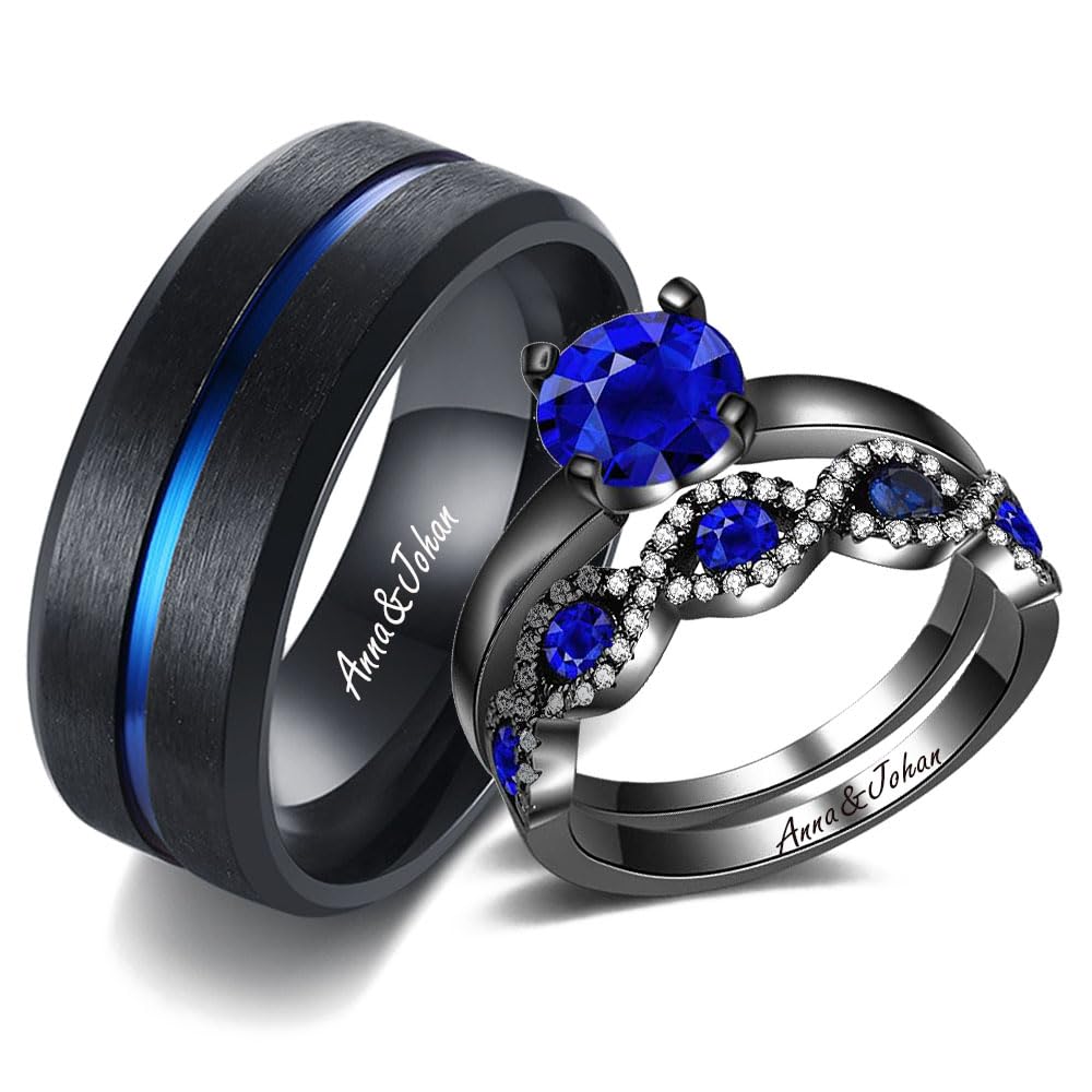 Matching Promise Rings for Men and Women Couple Rings for Him and Her Sets Wedding Rings for Couples Black and Blue tungsten rings for Men Engraved