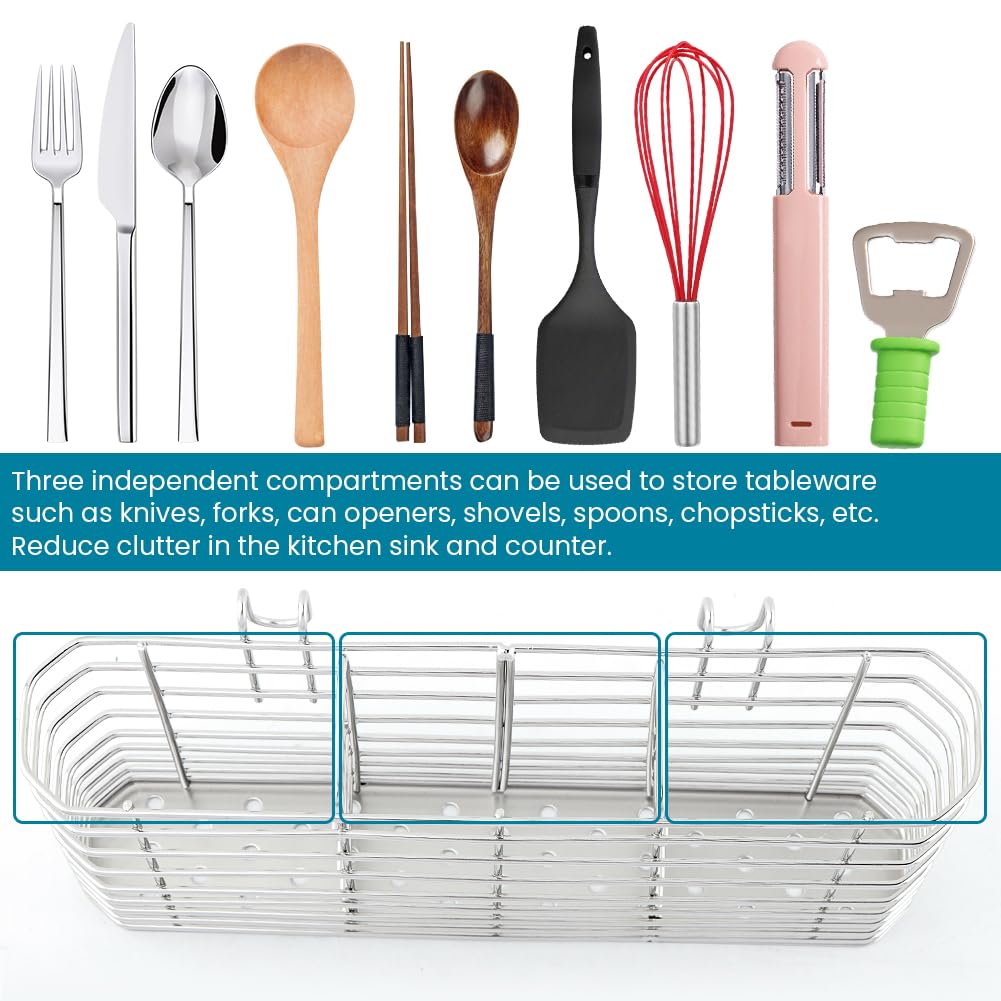 Soporte para utensilios de acero inoxidable 304, escurridor de platos con ganchos, soporte para utensilios para fregadero, cuchillo y tenedor, accesorios de cesta de drenaje de cocina (plateado