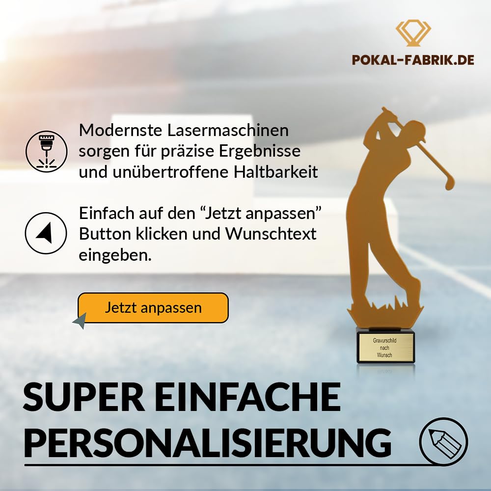 Pokal-Fabrik - Goldener Golf Pokal 21 cm aus Metall mit Gravur - Geschenk-Trophäe mit Golfer-Silhouette & Steinsockel - Personalisiertes Geschenk - Wanderpokal Golfen Zubehör