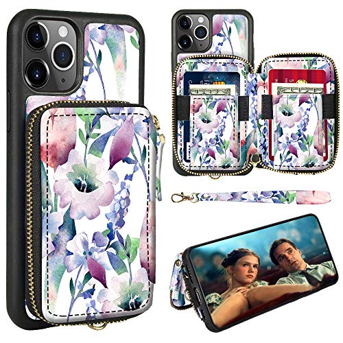 ZVE Wallet Case Compatible with iPhone 12 Pro Max Case with Zipper Card Holder Slot Wrist Strap Women Handbag Protective Leather Case Cover for 2020 iPhone 12 Pro Max, 6.7 inch - Flower 03