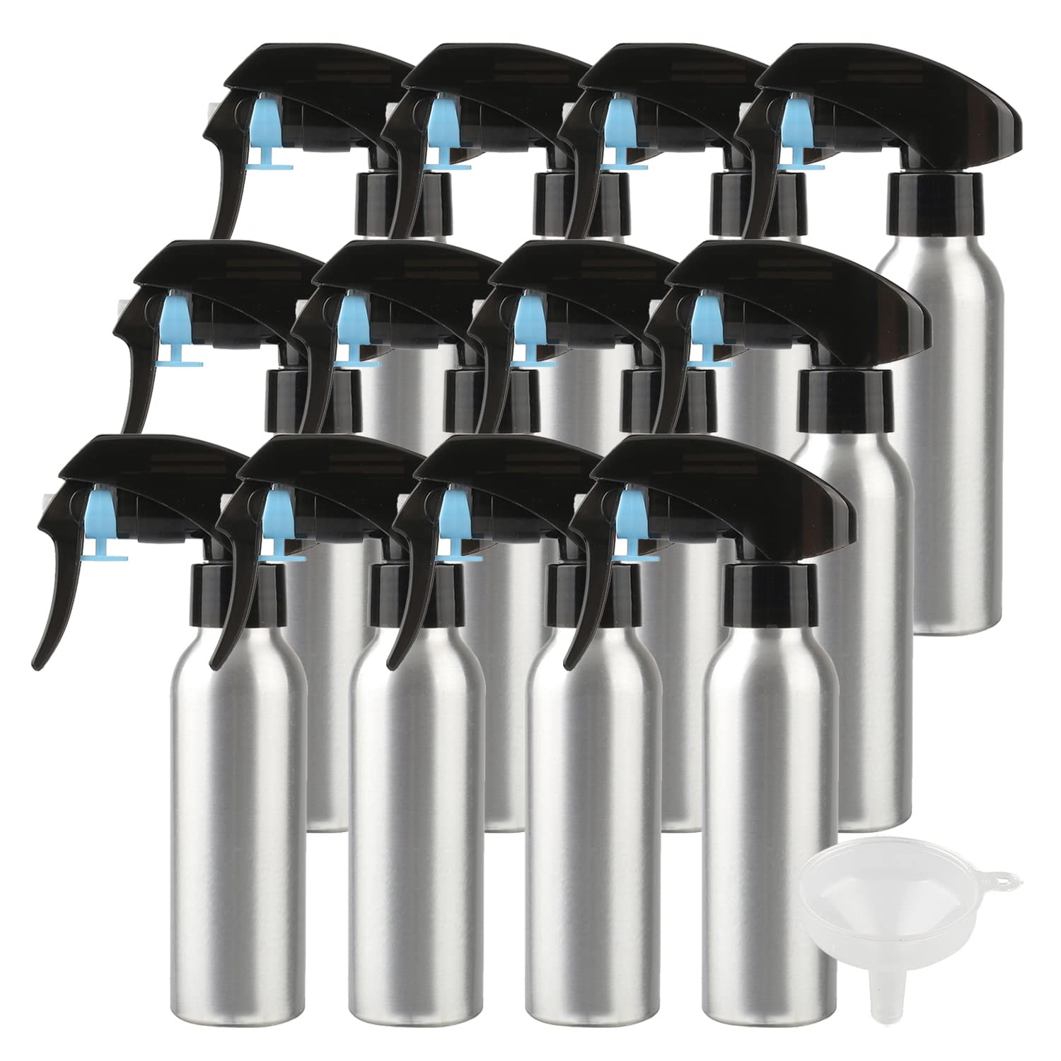 12 Stück 120 ml Leere Aluminium Sprühflasche mit Schwarz Sprühkopf Feinen Nebel Wassersprüher Zerstäuber für Pflanzen Blumen Reinigung Garten Kosmetik Küche Reinigung Friseur, Trichter