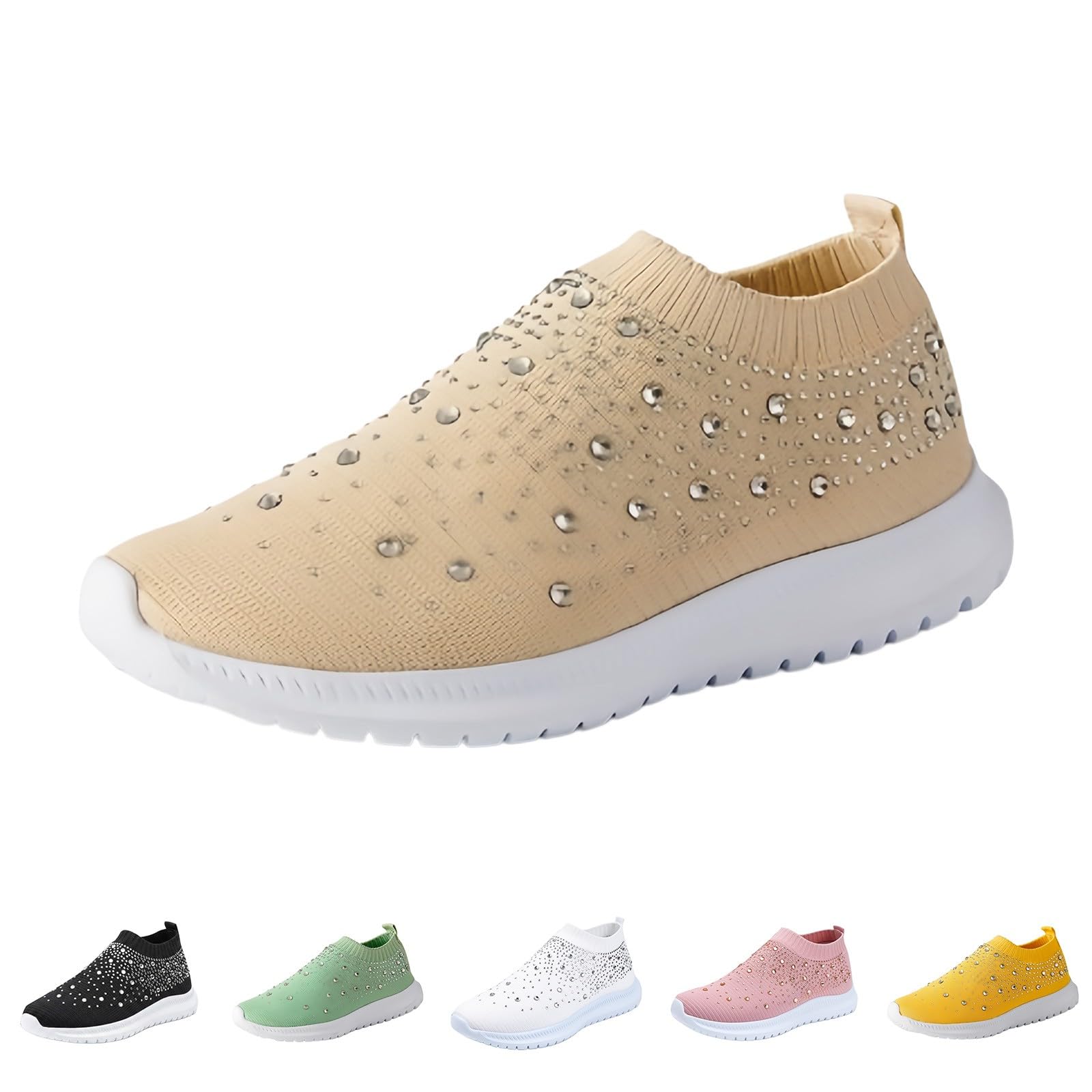 Scarpe da ginnastica da donna glamour con strass a maglia, senza lacci, con strass, per vacanze, crociere e feste, cachi, 40 EU