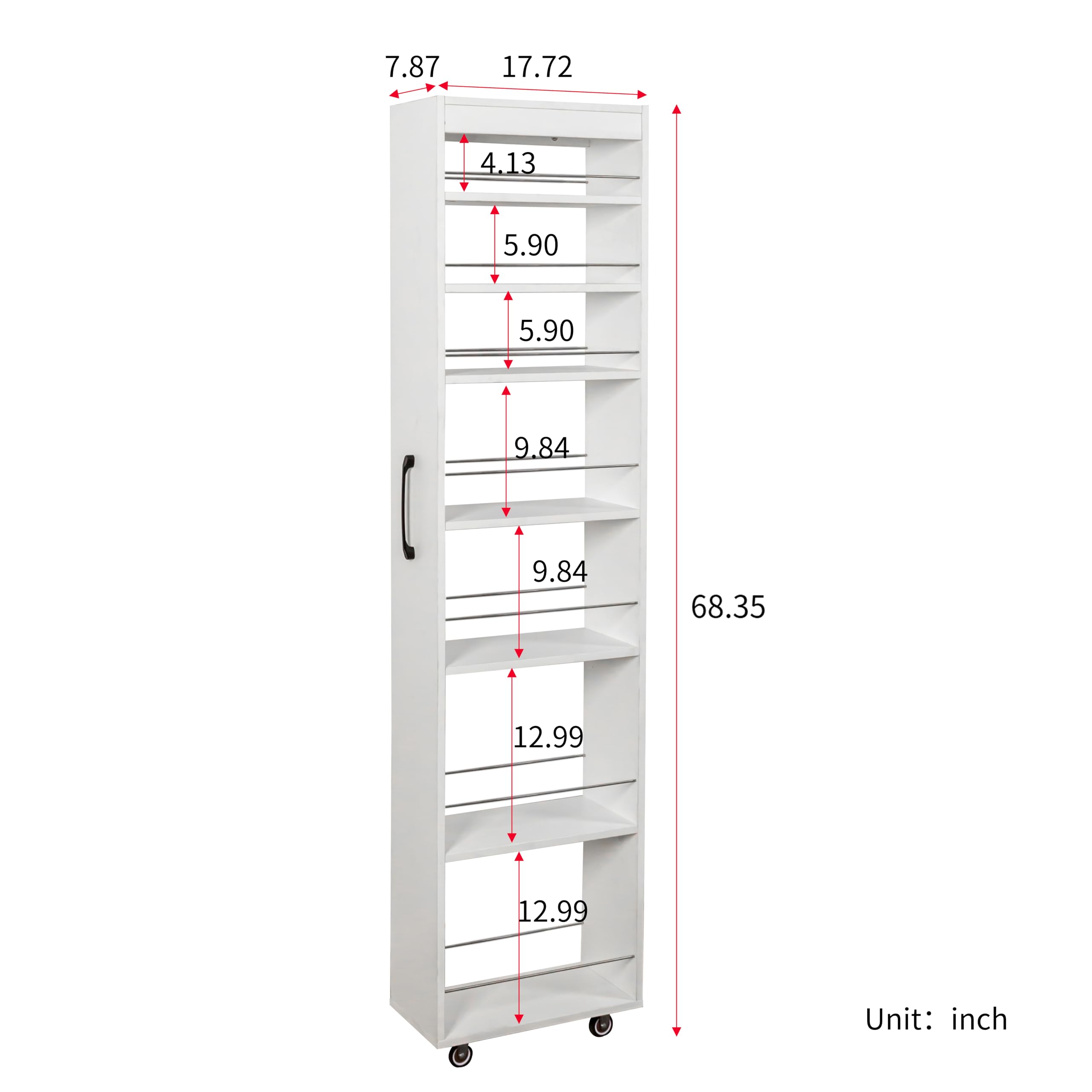 Carrello portaoggetti sottile a 7 ripiani con ruote, ideale per spazi ristretti, organizer in legno con ripiani aperti, perfetto posizionare accanto al frigorifero o alla lavatrice, design salvaspazio