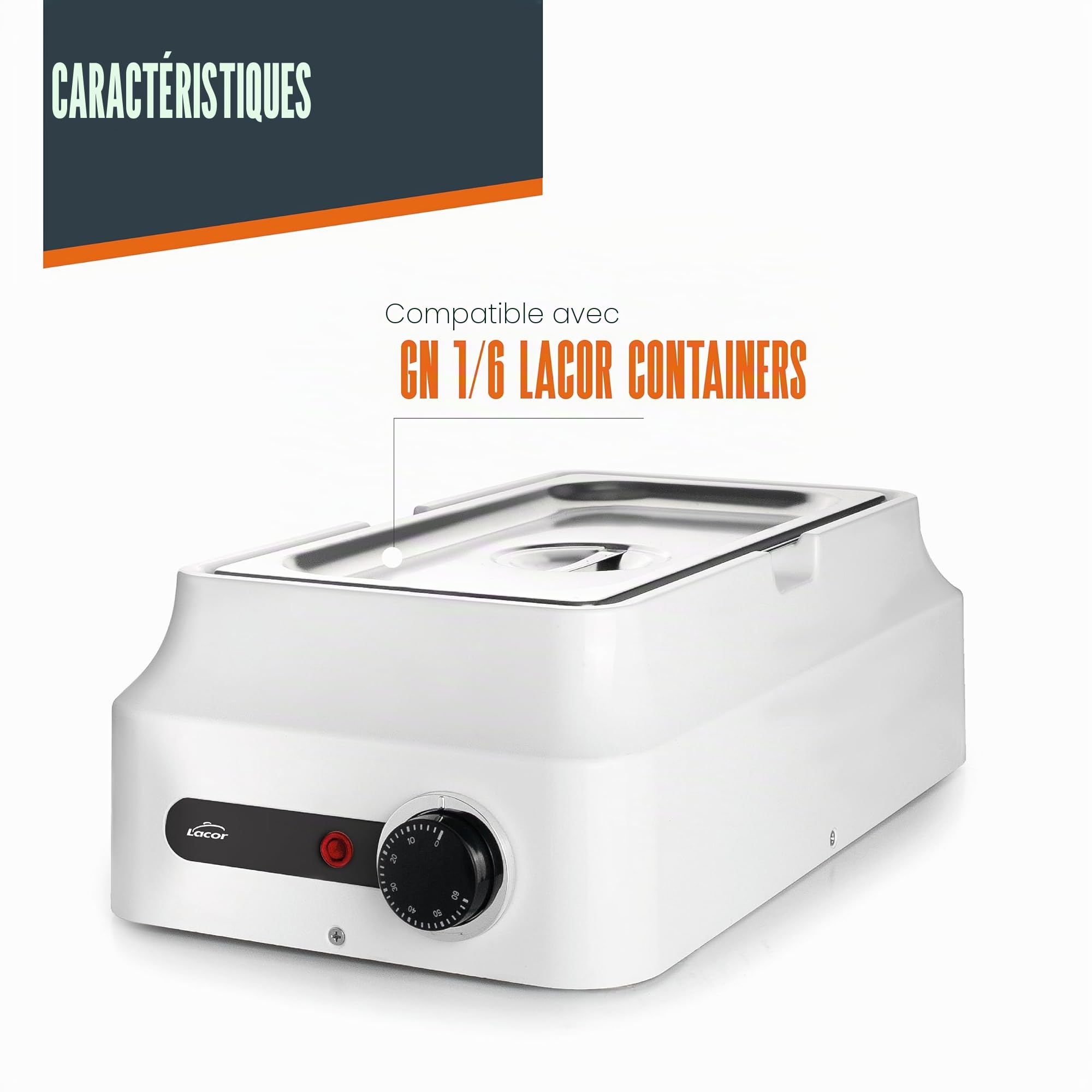 Lacor - 69618 - Bain-Marie à Chocolat, Blanc, 3,8 L, Acier Inoxydable 18/10, 80W, Thermostat Réglable 0-60 °C, Tempéreuse et Fondoir à Chocolat Professionnel, Chauffage 3D