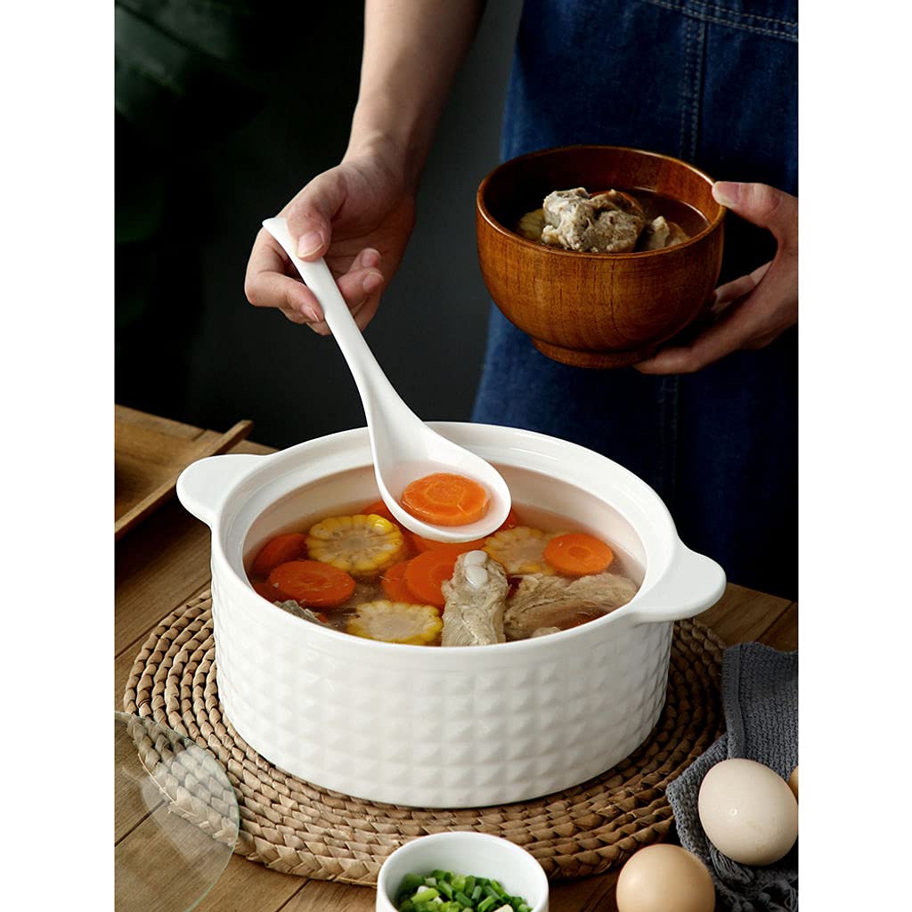 Zuppiera con 2 Maniglie E Coperchio, 2000ML Zuppiere con Maniglie Cucchiaio in Ceramica Porcellana Forno Microonde Cucina Stile Giapponese Grande per Brodo-Bianco