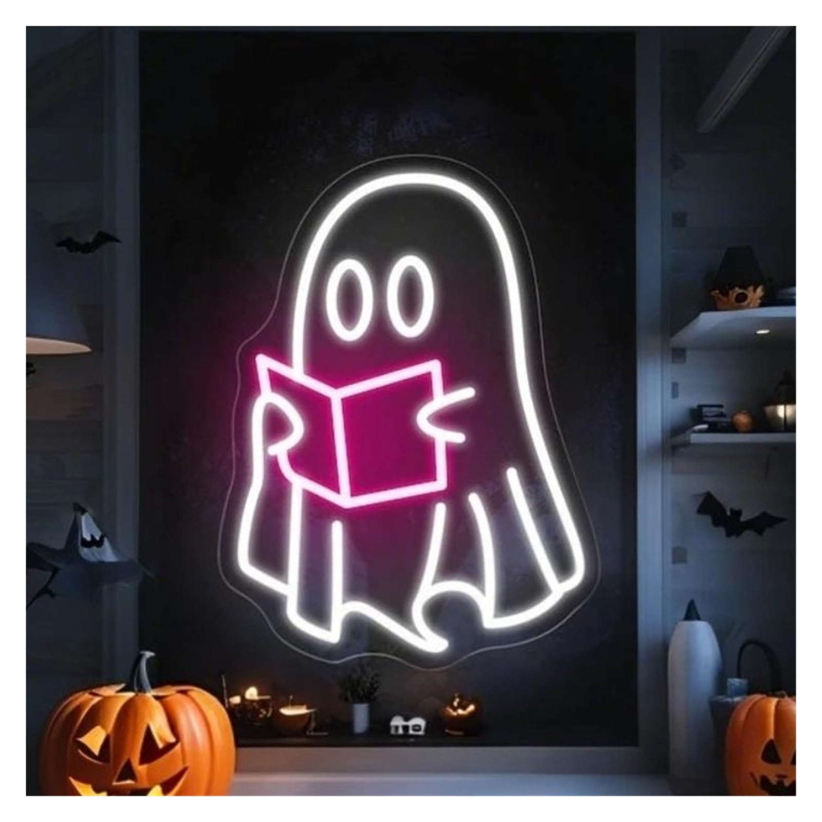 RONGCH Hanging Art Signs Ghost Reading Neon Sign Funny Spooky Ghosts LED Light Dimmable USB Powered for Library Party Book Lover Wall Decor 34.5cmx25.5cm(White Rose red)