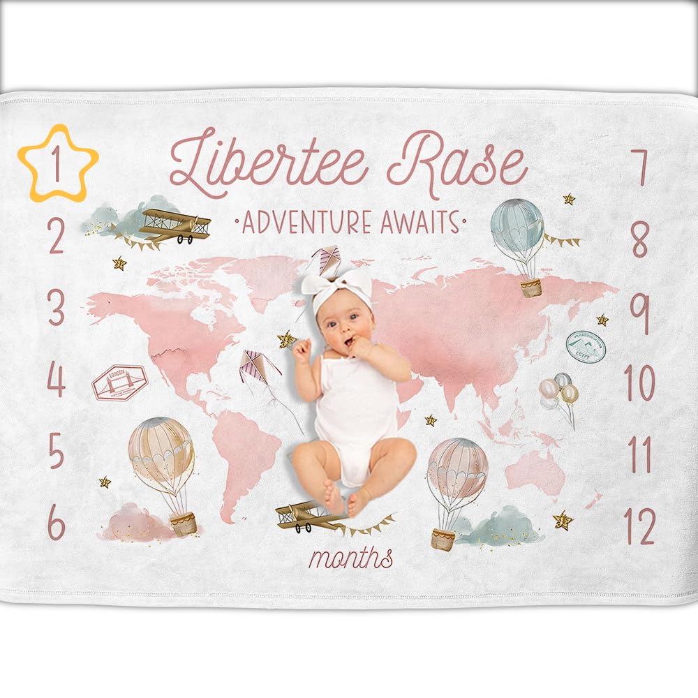 OLIVE OLIVIA Personalized Monthly Baby Milestone Blanket,50"x60"