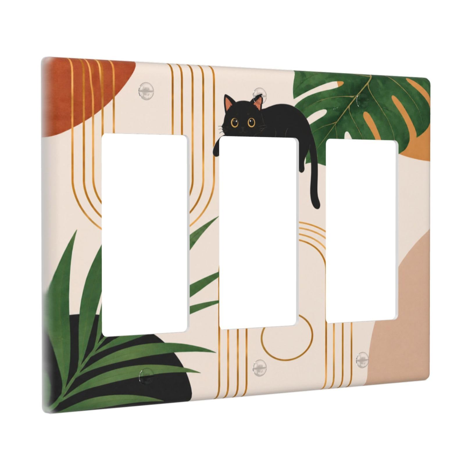 Thsanju Outlet Covers Boho Tropical Leaves Black Cat Triple Rocker Light Switch Covers Decorative Mid Century Modern 3 Gang Gfci Wall Plate Electrical Receptacle Switchplate Faceplate for Home Decor