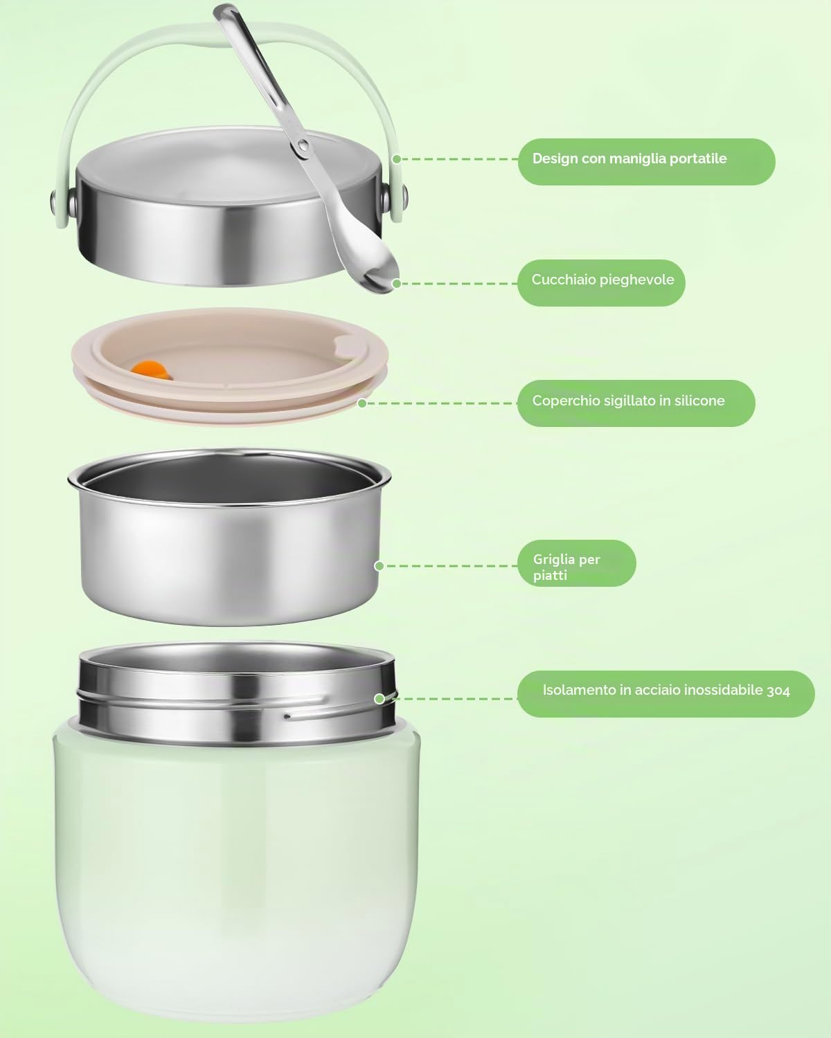Contenitore termico per alimenti, 1200 ml, ciotola termica con coperchio, contenitore in acciaio inox con cucchiaio pieghevole, contenitore termico per bambini, adulti, per conservare zuppe, porridge