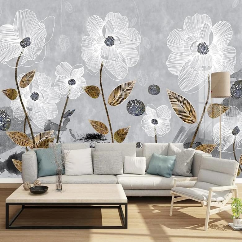 Papier peint fleurs gris 3D pour créer un fond de canapé cosy