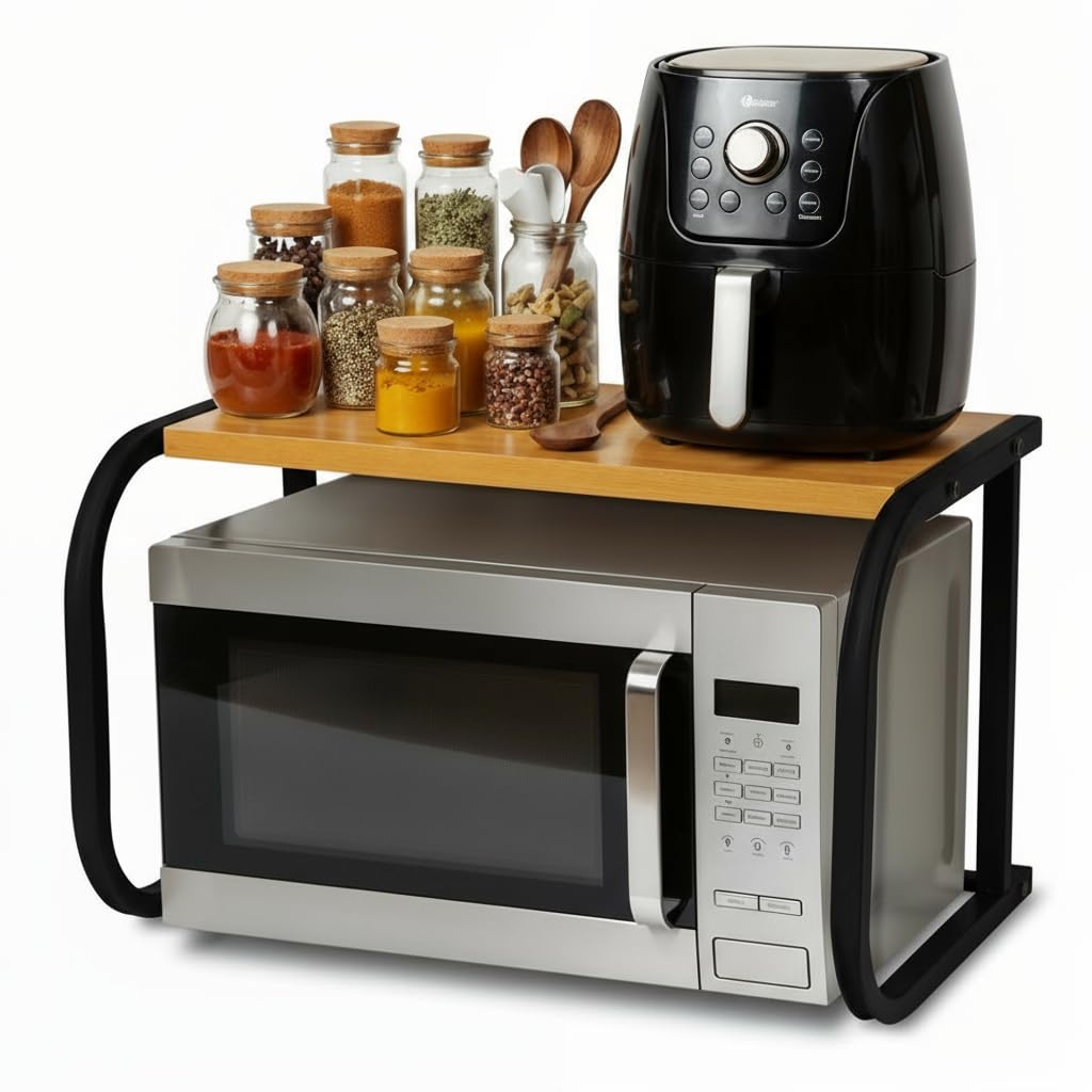 Metal Countertop Microwave Stand, Multifunctional Shelf with Sturdy Structure and Elegant Design, Black