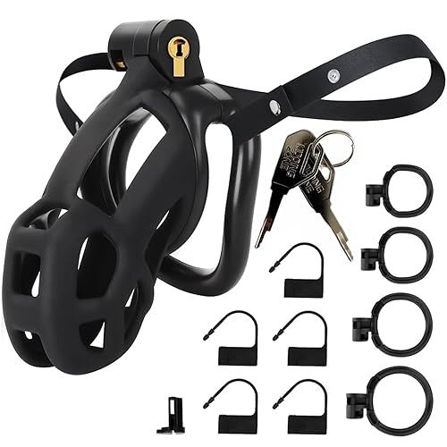 Sex Toys Male Chastity Cage with Elastic Belt & Invisible Lock - 4 Rings Lightweight Comfort Fit Design for Long Term Wear, Secure BDSM Bondage Device (M-90mm) - Breathable Large Penis Cage for Men - Black - M
