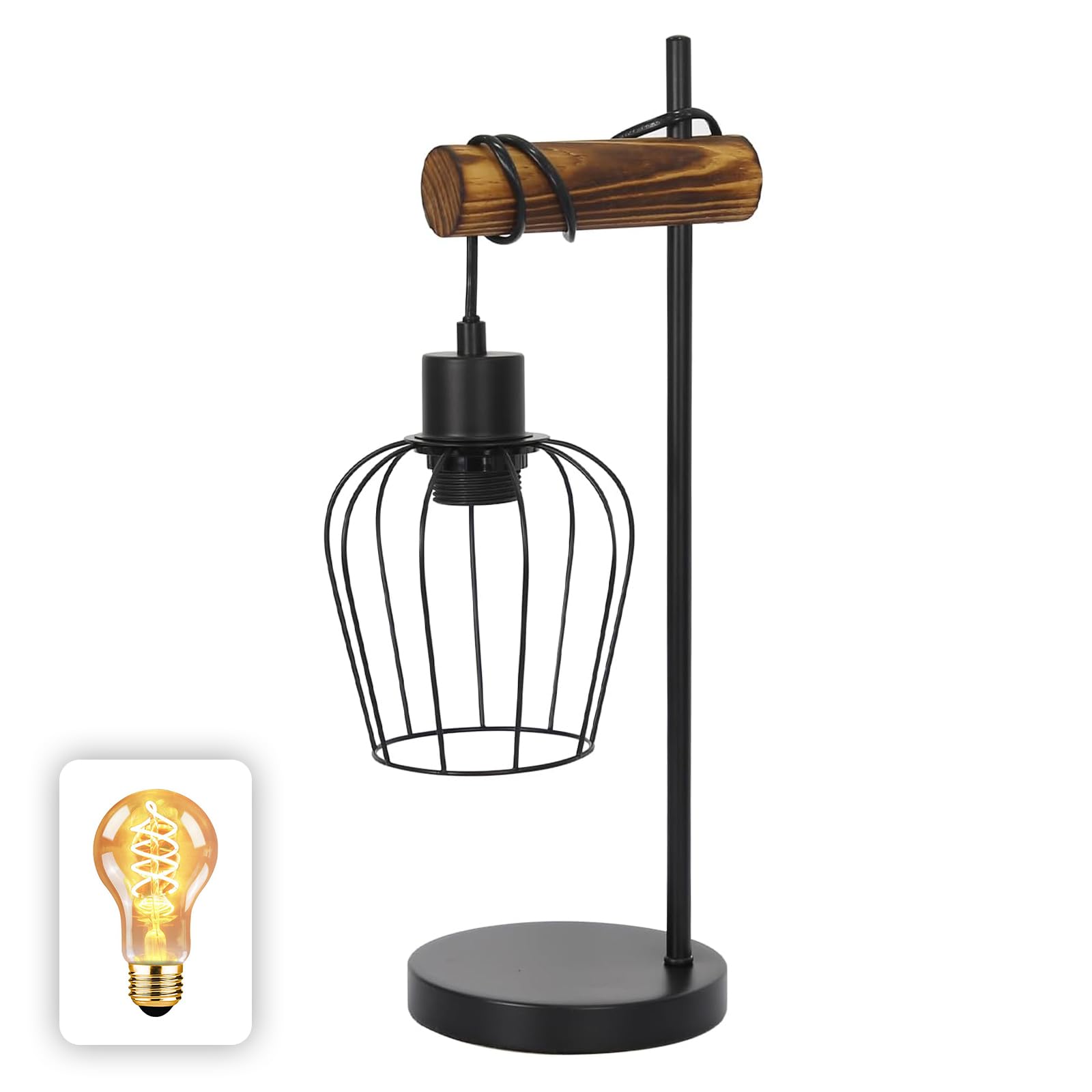 ZMH Tischlampe Wohnzimmer Holz Nachttischlampe: Vintage Tischleuchte im Industrial Design aus Metall Schwarz Bettlampe E27 Fassung inkl. 1 × 4W E27 2700K Leuchtmittel