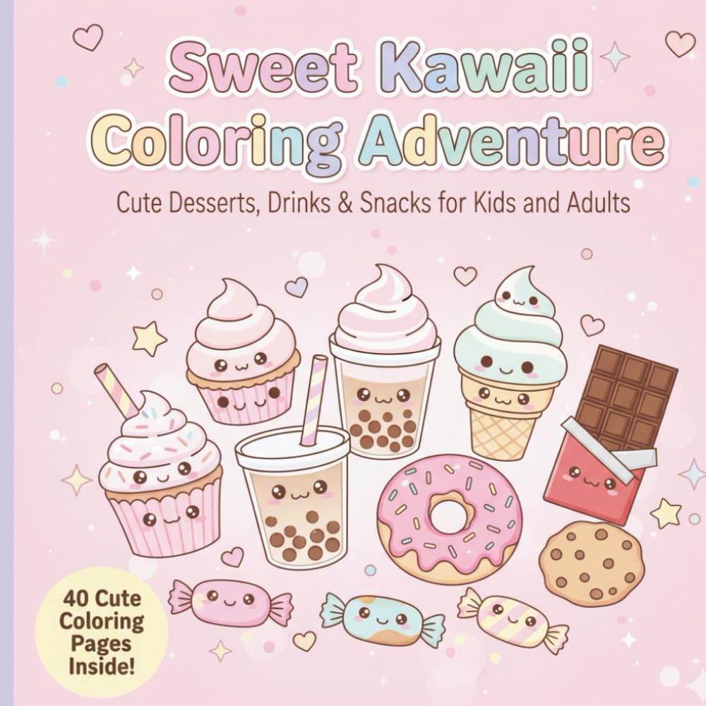 Sweet Kawaii Coloring Book Adventure Cute Desserts, Drink & Snacks: A fun and relaxing coloring book filled with cute Japanese-style sweets — ... kids, teens, and adults who love Kawaii art