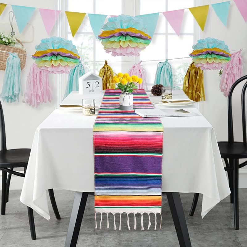 Mexican Table Runner for Cinco de Mayo Decorations, 4 Packs 14" x 108" Hand Woven Mexican Blanket Table Runner Fiesta Party Supplies, Fringe Cotton Serape Table Runner for Mexican Party Wedding Decor