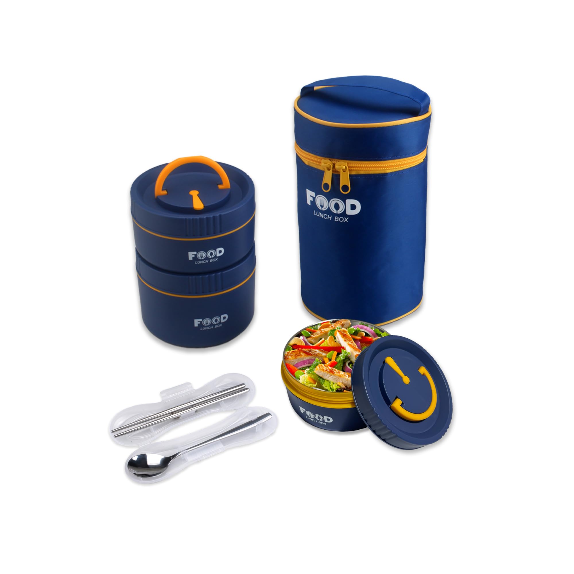 NIXUIO Bento Lunch Box for Adult, Kids - 3 Bowls - Includes Insulated Lunch Bag, Tableware Spoon and Chopsticks (Blue, 1400 ml, Stainless Steel)