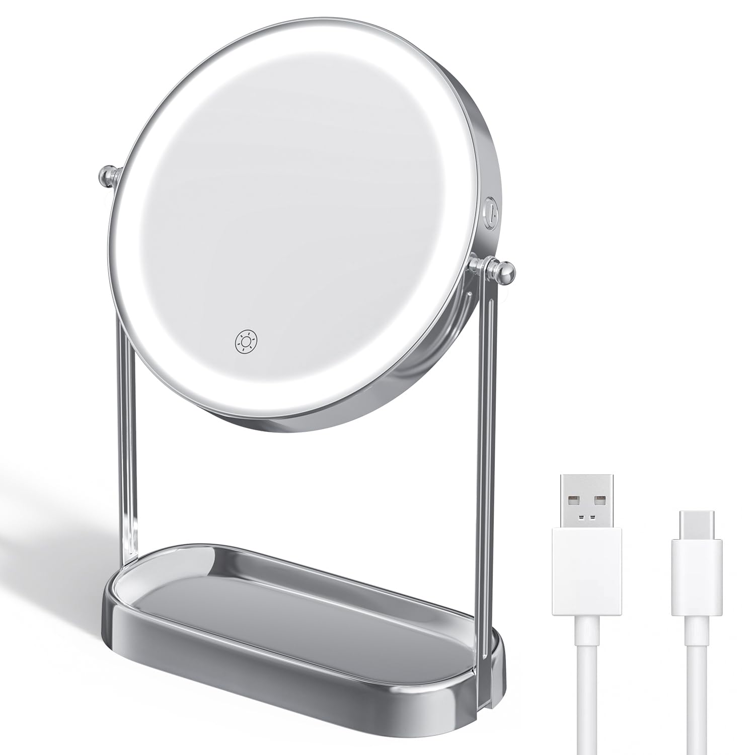 Lighted Makeup Mirror with Lights Storage Tray 3 Lighting Rechargeable Mirror with Magnification 1X/10X 360° Swivel 8" Portable Vanity Personal Makeup Mirror Great Gift (Chrome)