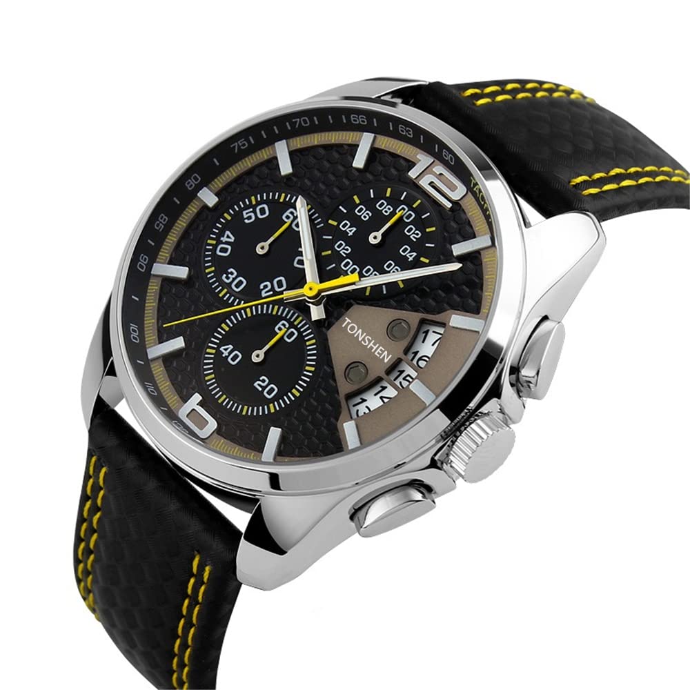 TONSHEN Fashion Orologi da Polso Uomo Sportivo Stile Acciaio Inossidabile Cassa e Cuoio Cinturino Casual Analogico Quarzo Orologio Data Calendario con Sub Dial