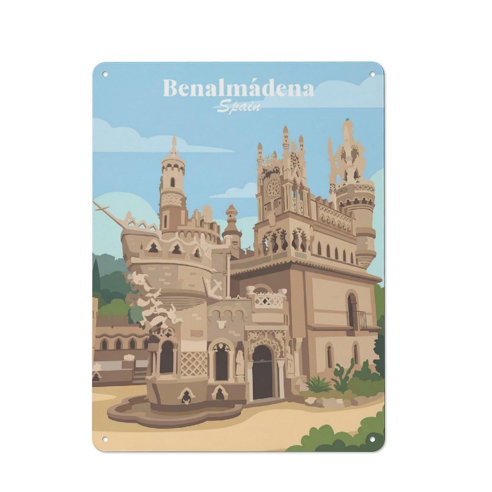 Junmoney Style-4 Vintage Tin Sign 40X30cm With Benalmadena Spain Castle For Bar Or Restaurant, Suited To Bar Decor Enthusiasts