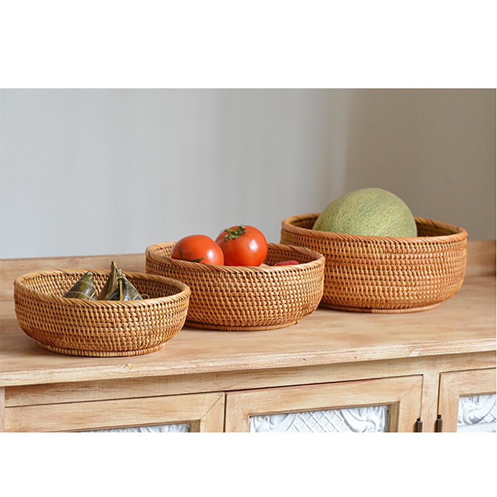 Natural Hand Woven Rattan Fruit Baskets Round Rattan Serving Tray Decorative Woven Basket Tray for Fruit Tea Bread Breakfast