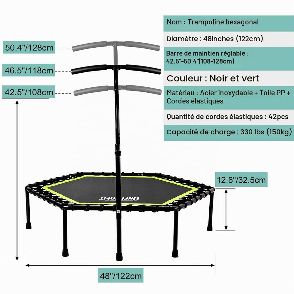 ONETWOFIT Mini Trampoline de Fitness Silencieux de 114,3 cm/121,9 cm/129,5 cm avec poignée réglable pour Fitness Trampoline de Fitness rebondisseur Saut Cardio entraînement pour Adultes ou Enfants