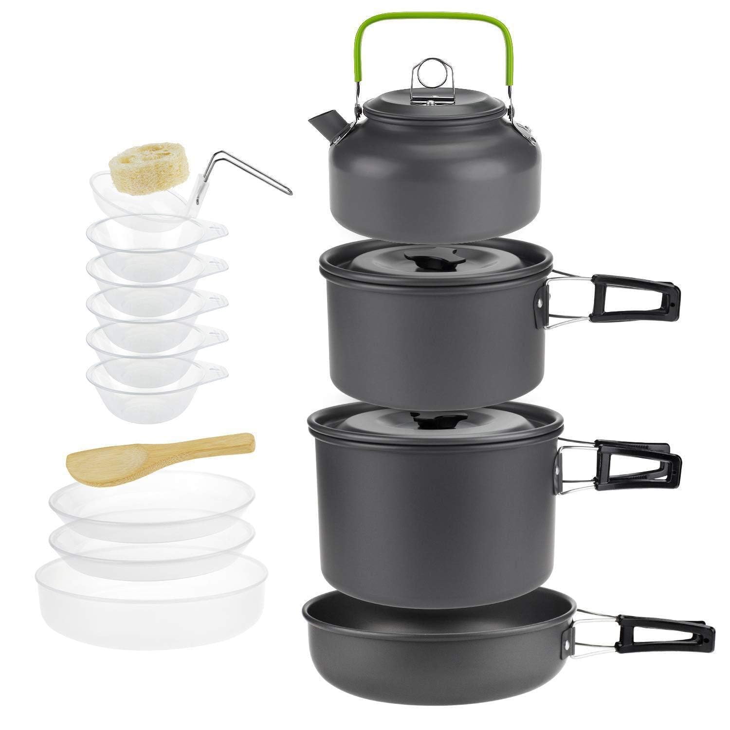 byrm camping cookware mess kit of 16 pcs for backpacking gear – camping cooking pots and pans set - backpacking - camp kitchen equipment accessories lightweight (5-6 person)