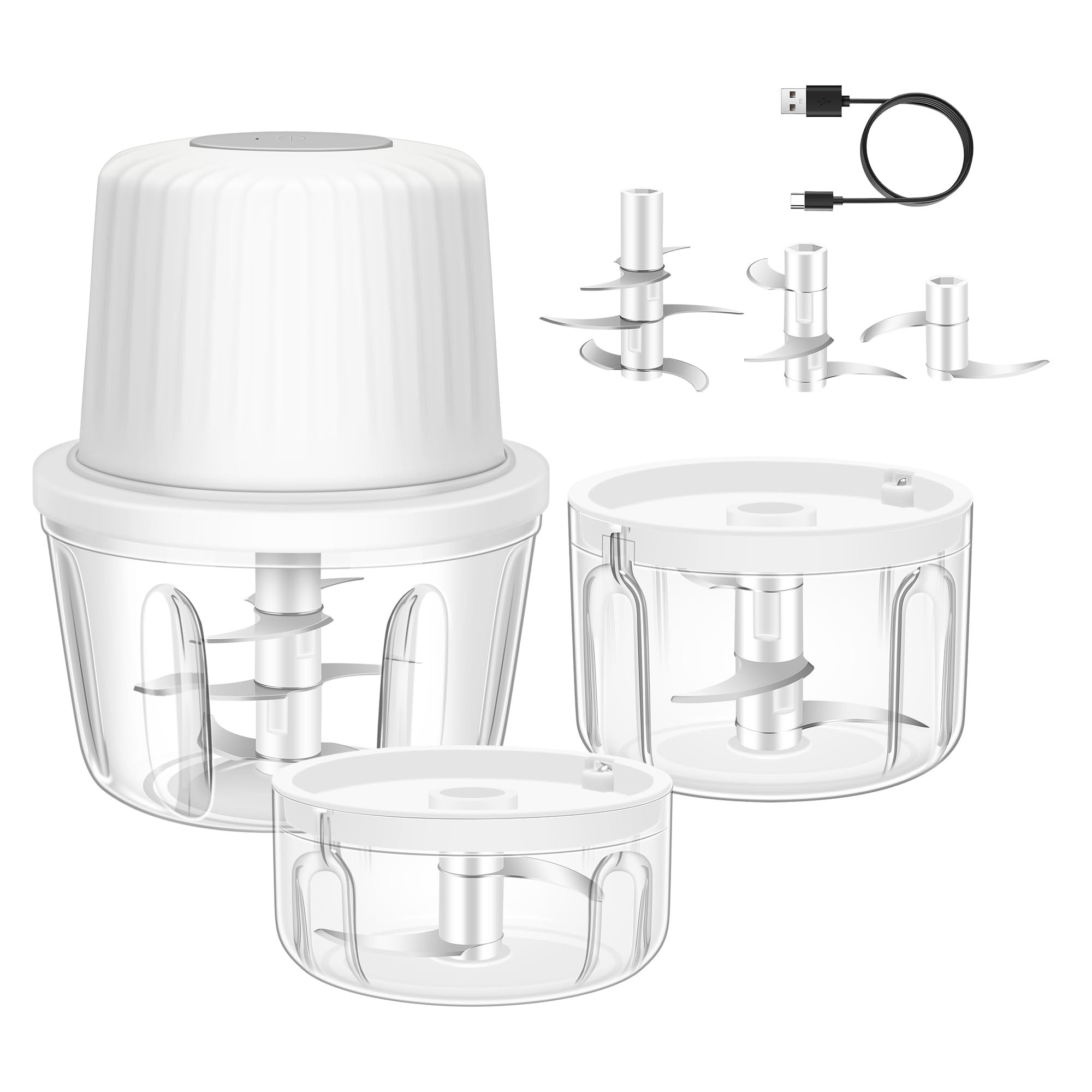Picadora de ajo eléctrica de 100 + 250 + 400 ml, picadora de ajo de 6 cuchillas, mini picadora de verduras portátil USB, molinillo de cebolla, procesador de alimentos pequeño para jengibre, chile