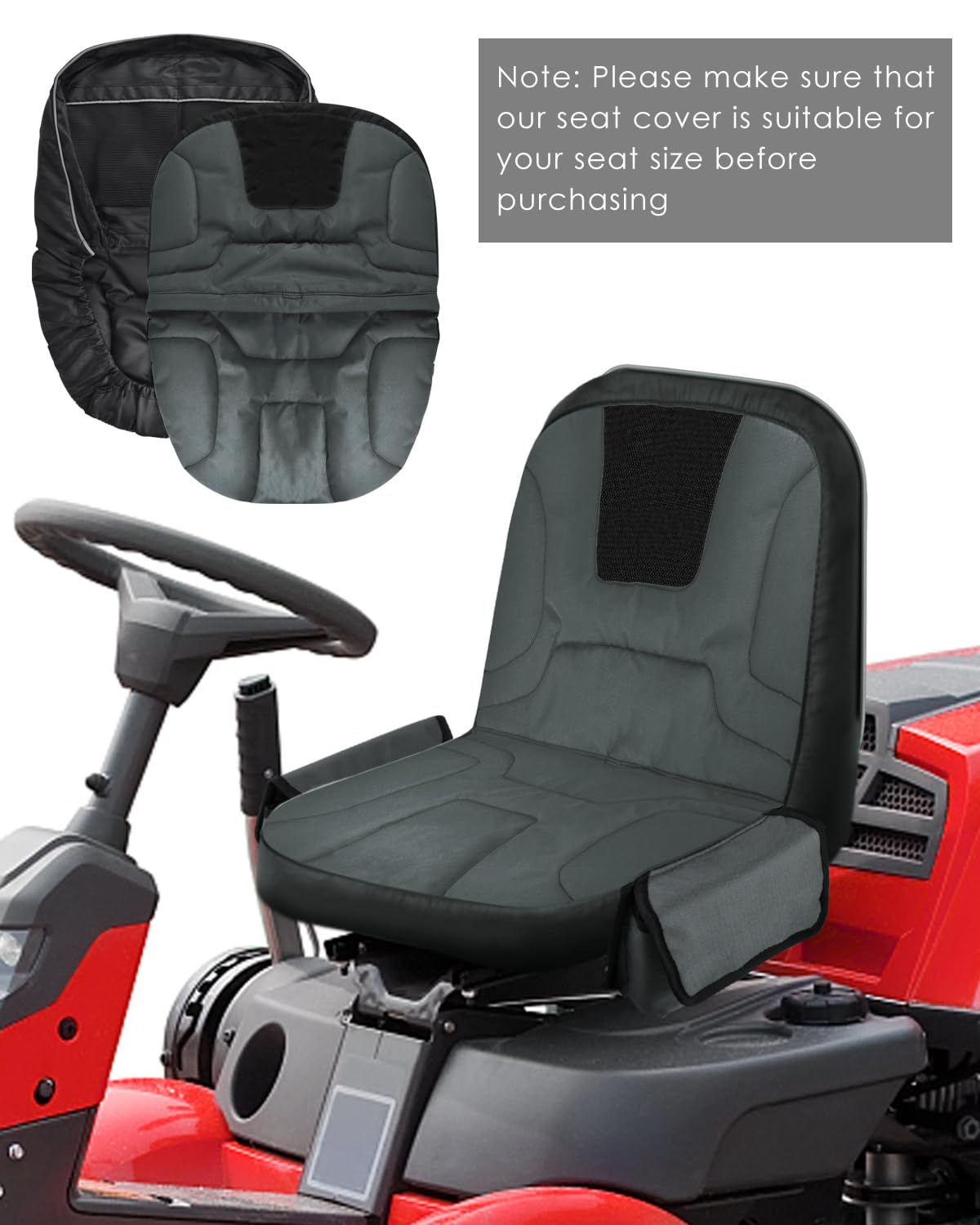 PACETAP Funda de Asiento de Tractor con Bolsa de Bebidas, Resistente al Agua, Oxford 600D, para cortacésped, Compatible con Kubota, Cub Cadet, Ford, Mahindra, Husqvarna (Negro, Mediano)