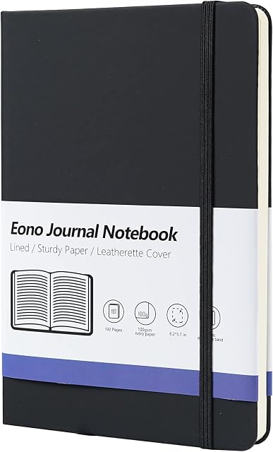 Amazon Brand - Eono Ruled Notebook, A5 Lined Journal with Hardback Cover, 100gsm Paper, Perfect for Office, Home, School, Business, Writing and Note Taking - 192 Pages, Black