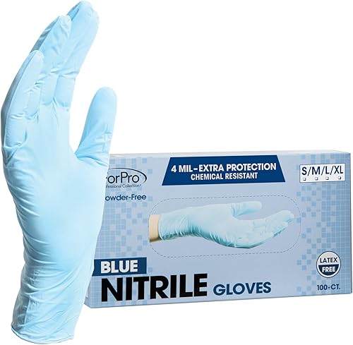 ForPro - Guantes desechables de nitrilo resistentes a productos químicos, sin polvo, sin látex, no estériles, seguros para alimentos, 4 mil, azul,