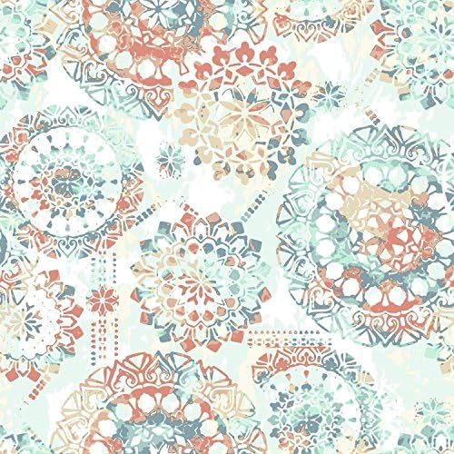 RoomMates RMK9126WP Orange and Blue Boho Medallion Peel and Stick Wallpaper, Coral, 20.5" x 16.5 feet