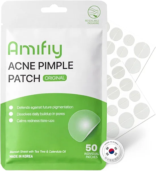 Amifiy Pimple Patches with Hydrocolloid & Tea Tree – Korean Skincare Invisible Acne Stickers for Face, Oil-Absorbing Zit Dots, Vegan & Cruelty-Free Blemish Treatment, 50 Count (10mm/12mm/14mm)