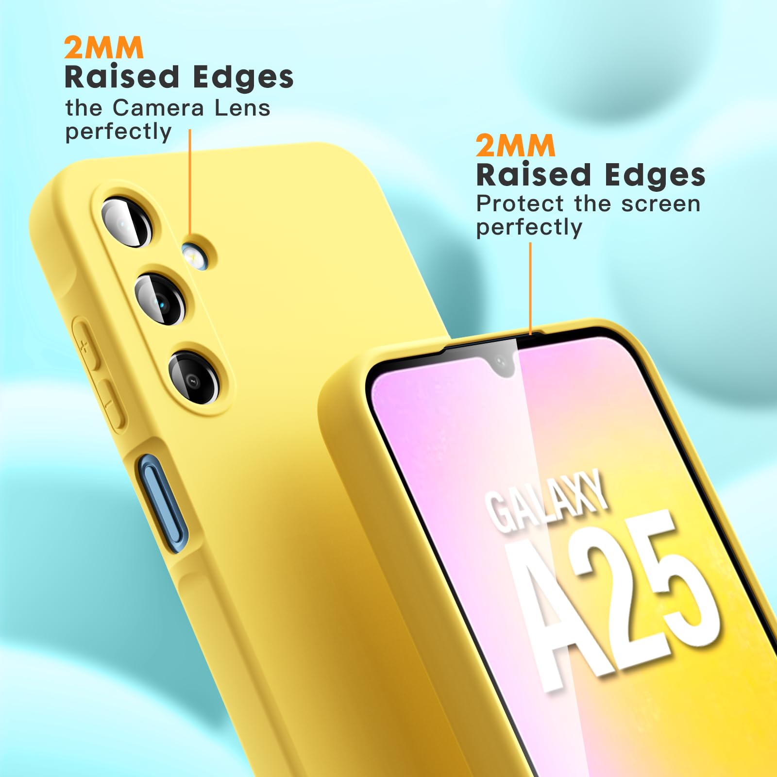 Vansdon Cover Compatibile con Samsung Galaxy A25 5G, 2 Pellicola Protettiva in Vetro Temperato, Gomma Gel di Silicone Liquida Antiurto Custodia - Giallo