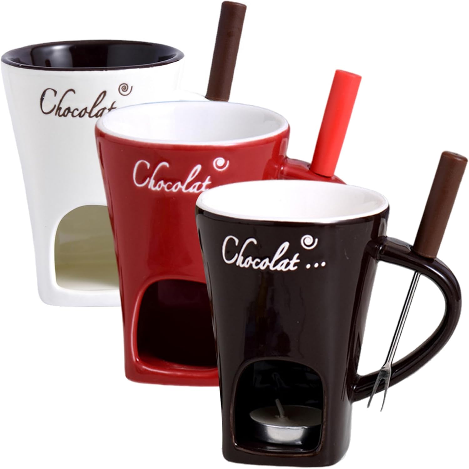 3Pcs Chocolate Fondue Mug Heat-Resistant Ceramic Chocolate Fondue with Forks Reusable Melting Cup for Date Night Birthday & Wedding Cheese Hot Mug