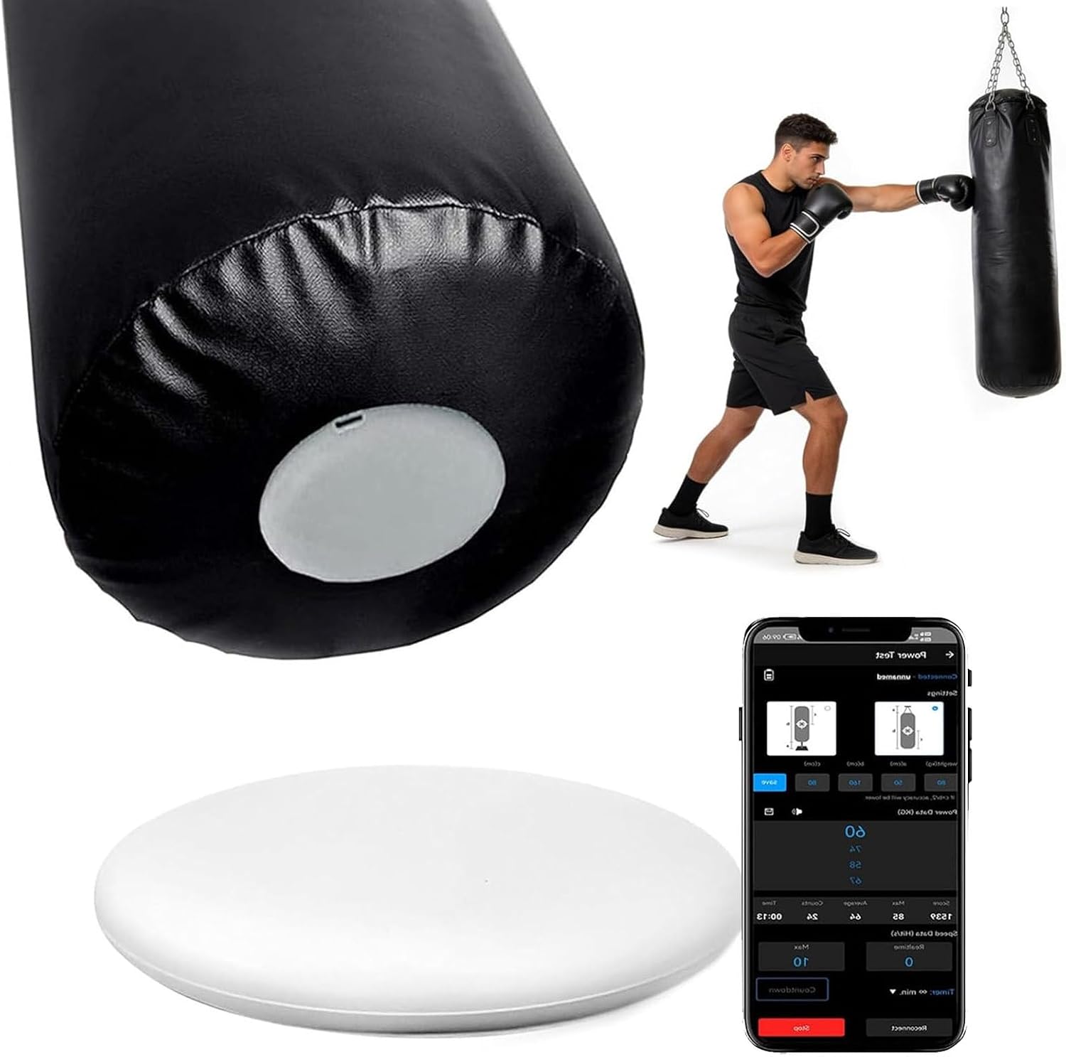 Real-Time Punch Power Tracker with 200h Runtime, Smart Boxing Sensor with App, Voice Feedback & Data Charts for Heavy Punching Bags, Boxing & Kickboxing White