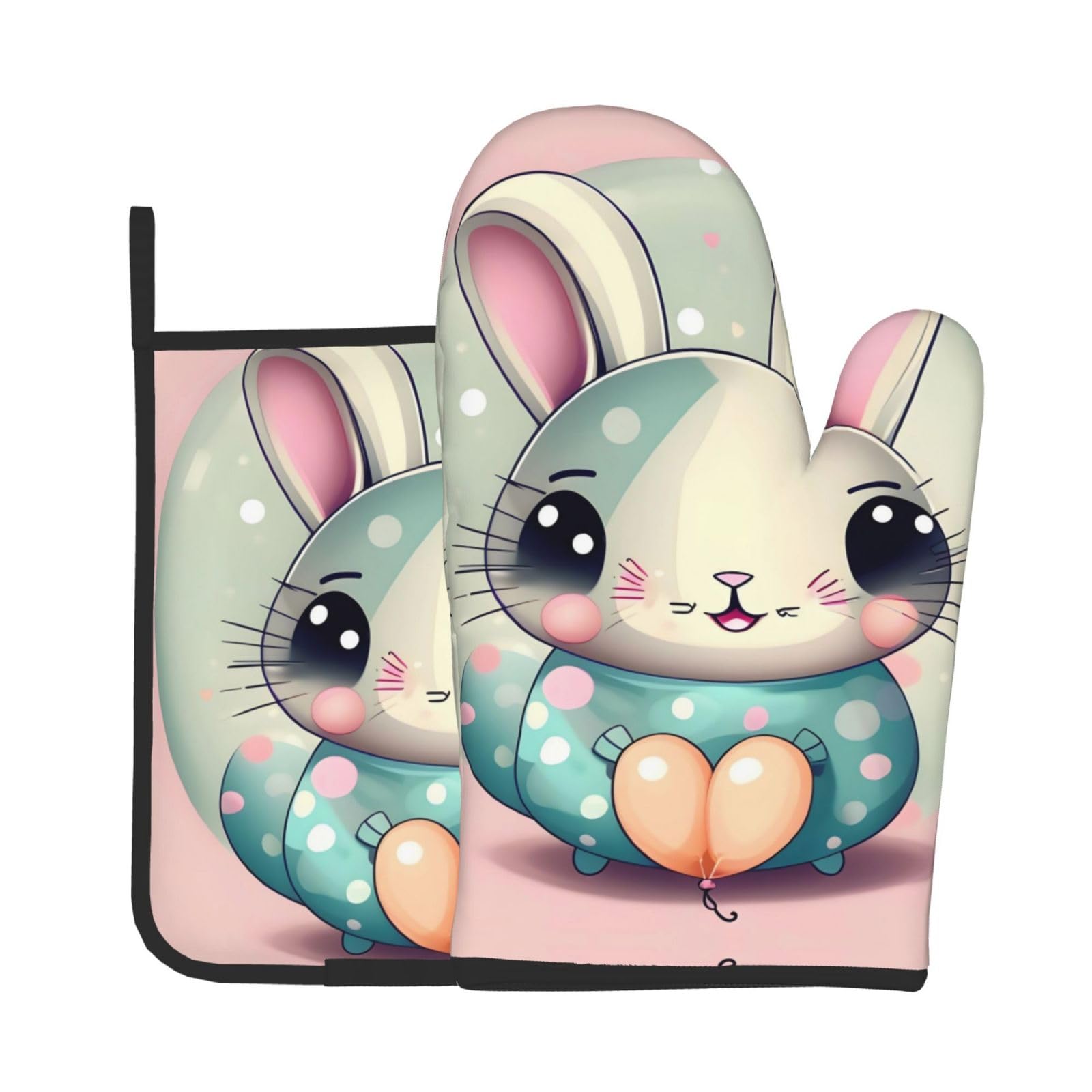 Oven Mitts and Potholders Set of 2 for Kitchen Baking Cooking GrayPink Cartoon Bunny Thick and Durable