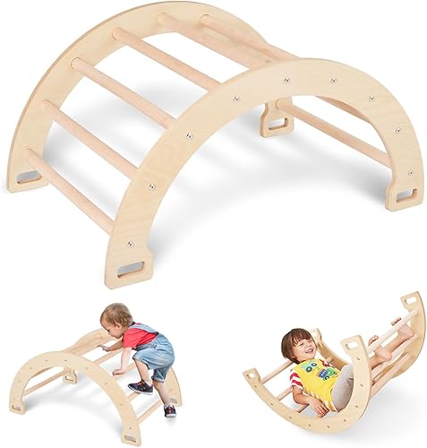 Hakiuish Arco de escalera de madera para escalada, escalera de escalada 3 en 1 y tabla mecedora, escalador triangular para parque infantil, gimnasio
