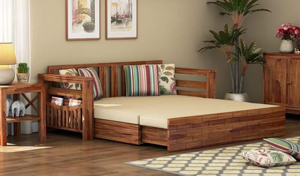 ALATERRE HOME FURNITURE Wooden Sofa Cum Bed for Living Room Sofa Cums Bed with Storage |Pillow Sofa Bed Foldable (3 Seater, Natural Brown)