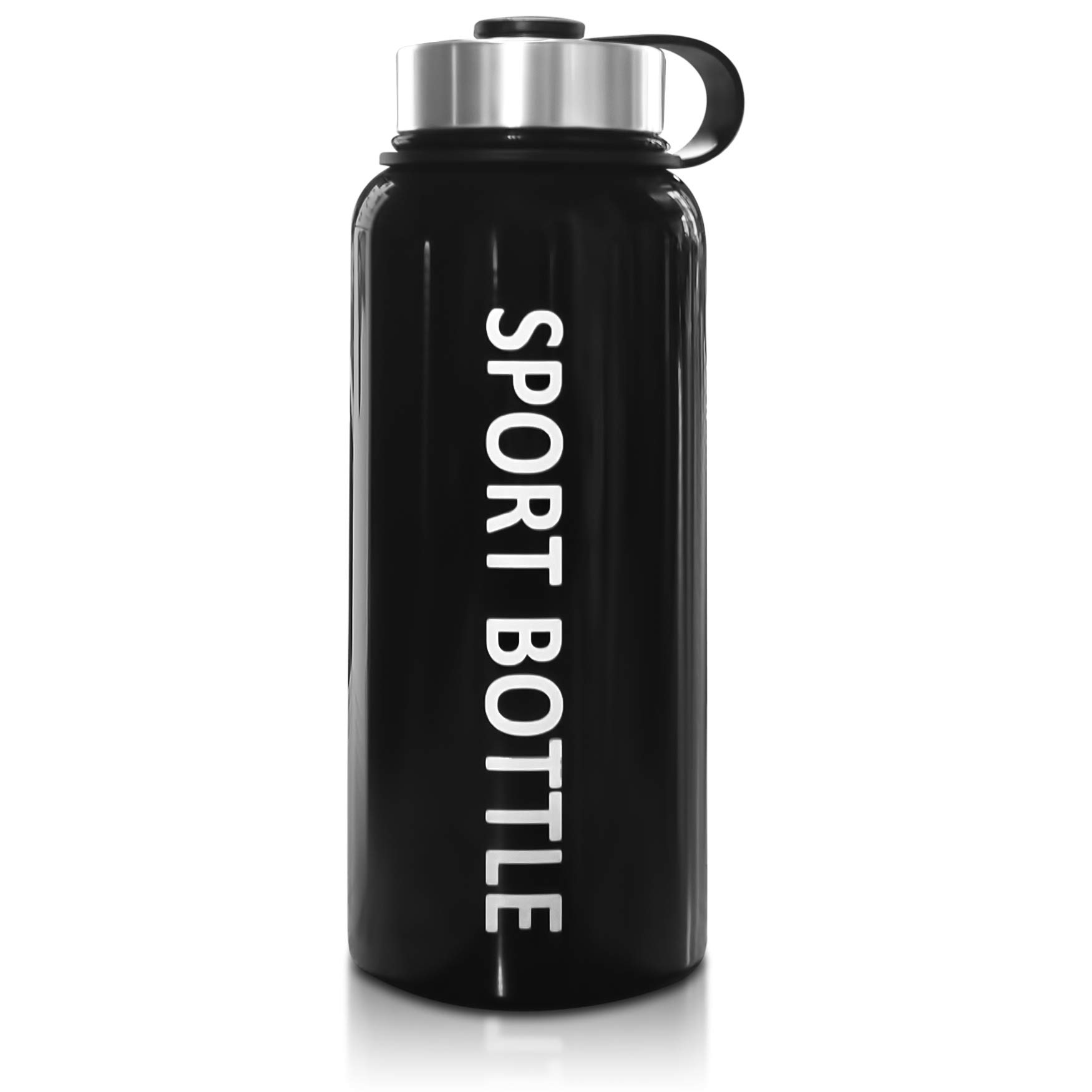 Sport Bottle - Stainless Steel Water Bottle w/Wide Mouth & Handle (34oz) - BPA Free, Double Wall, Easy Clean - Keeps Liquids Hot Cold - Vacuum Insulated, Leak Proof, Thermos Flask - Black