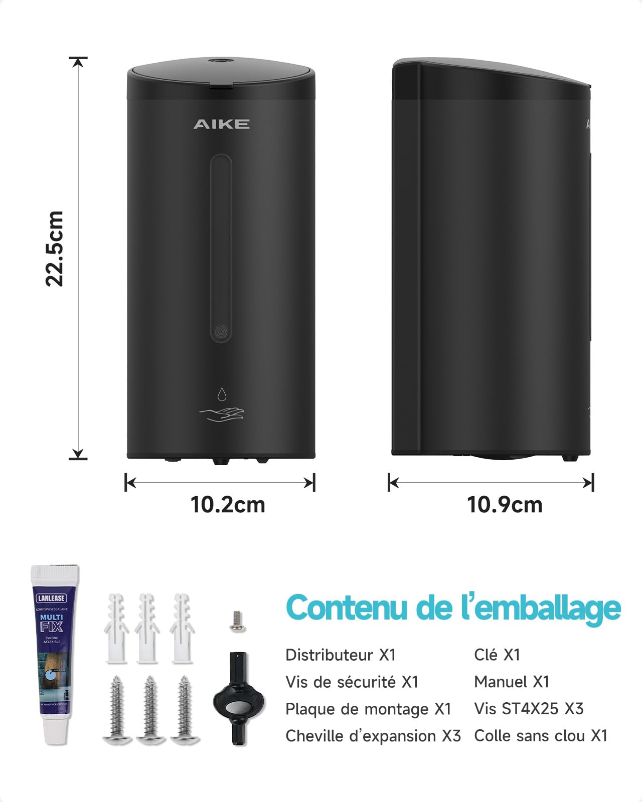AIKE AK1205E Distributeur de Savon Automatique Mural, Capacité Importante en Acier Inoxydable pour Salle à Manger et Toilettes