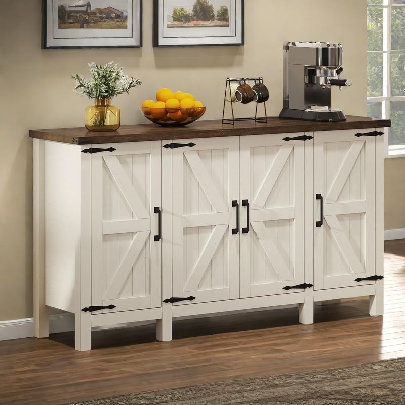 DWVO 59'' Sideboard Buffet Cabinet, Farmhouse Coffee Bar Cabinet with Adjustable Shelves for Living Room, Entryway, Rustic White